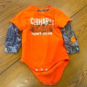 Carhartt onesie size 12 months, orange-hunting themed